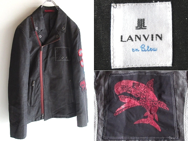 LANVIN en Bleu ランバンオンブルー 鮫/キング/ロゴワッペン コットンリネンデニム ダブルライダースジャケット ブルゾン 48 ブラック 黒拍卖