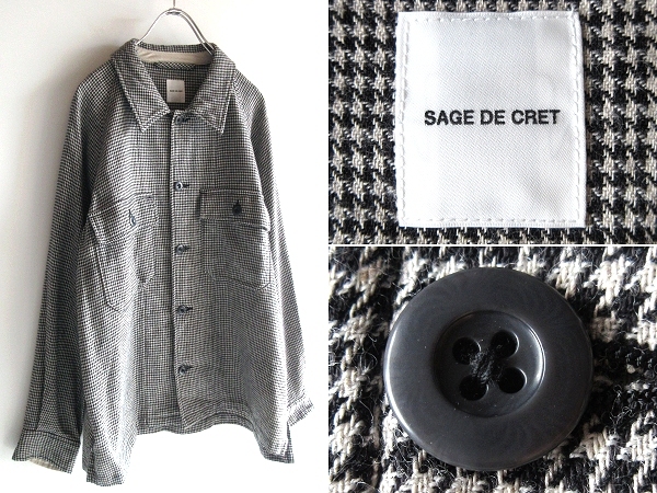 SAGE DE CRET サージュデクレ 2022AW ラグラン ボックスシルエット ウールリネンコットン 千鳥格子チェック シャツ ジャケット S 黒 白拍卖