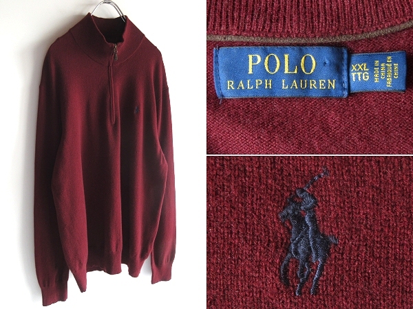 POLO RALPH LAUREN ラルフローレン ポロポニーロゴ刺繍 ウール ハーフジップ ハイネックニット XXL バーガンディ 大きいサイズ 国内正規品拍卖
