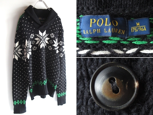 POLO RALPH LAUREN ラルフローレン 雪柄 ノルディック バーズアイ コットン/アンゴラ/カシミヤ ショールカラー ニット セーター M ブラック拍卖
