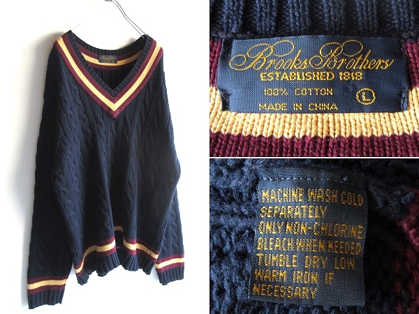希少 90sビンテージ Brooks Brothers ブルックスブラザーズ Vネック コットンニット ケーブルニット チルデンニット L ネイビー 紺 USA企画拍卖