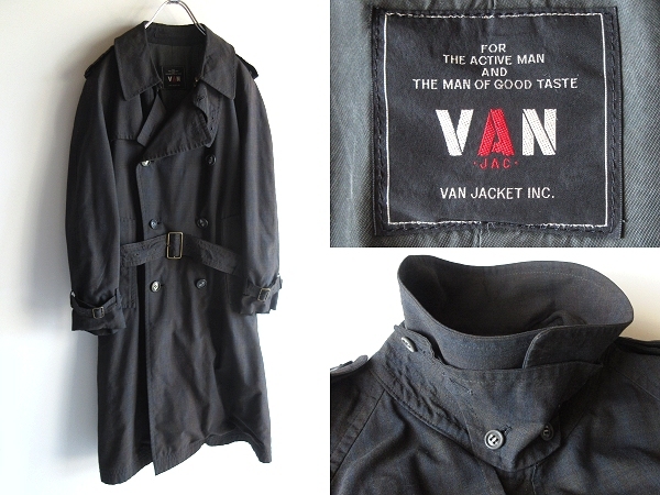 希少 70sビンテージ VAN JAC. ヴァンヂャケット ベルト/チンスト付 ポリコットン トレンチコート L ダークチェック 当時物 オリジナル拍卖