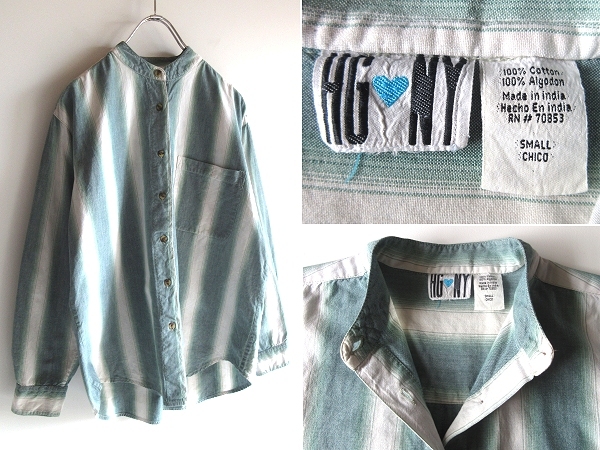希少 ビンテージ HG NY インド製 コットン オンブレストライプシャツ バンドカラーシャツ S ブルーグリーン オフホワイト ネコポス対応拍卖