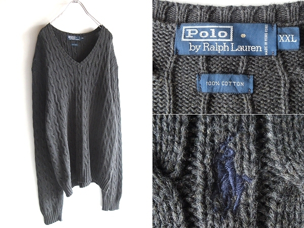 希少 90sビンテージ Polo by Ralph Lauren ラルフローレン ポロポニーロゴ刺繍 コットン Vネック ケーブルニット XXL チャコールグレー拍卖