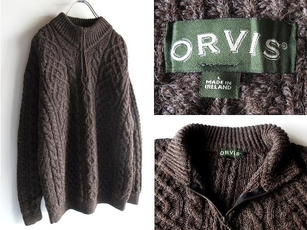 希少 00sビンテージ ORVIS オービス ウール ハーフジップ モックネック 肉厚 ローゲージ ケーブルニット セーター L ブラウン 茶 USA古着拍卖