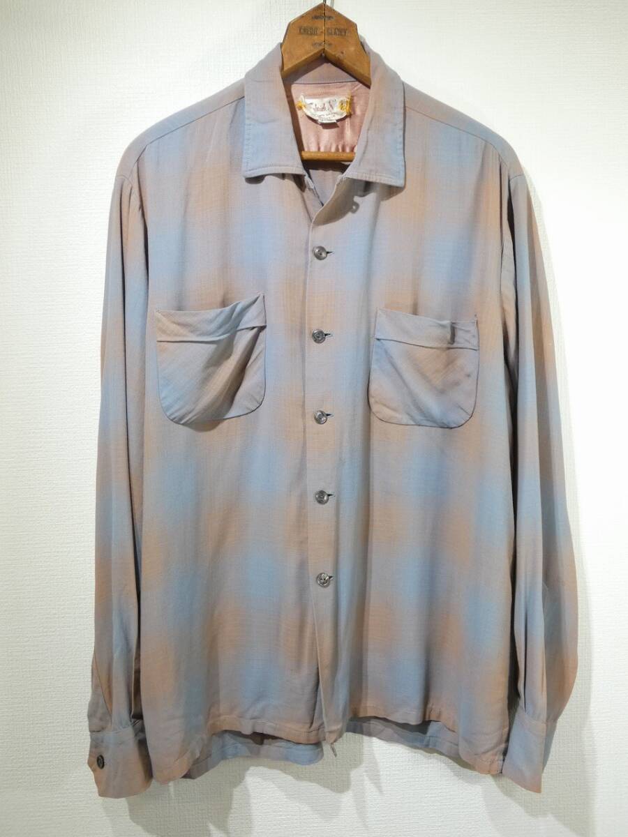 60s ビンテージ Frederick&Nelson グラデーション プレイド オンブレ シャドー チェック レーヨン ループカラー ボックス シャツ L 50s拍卖