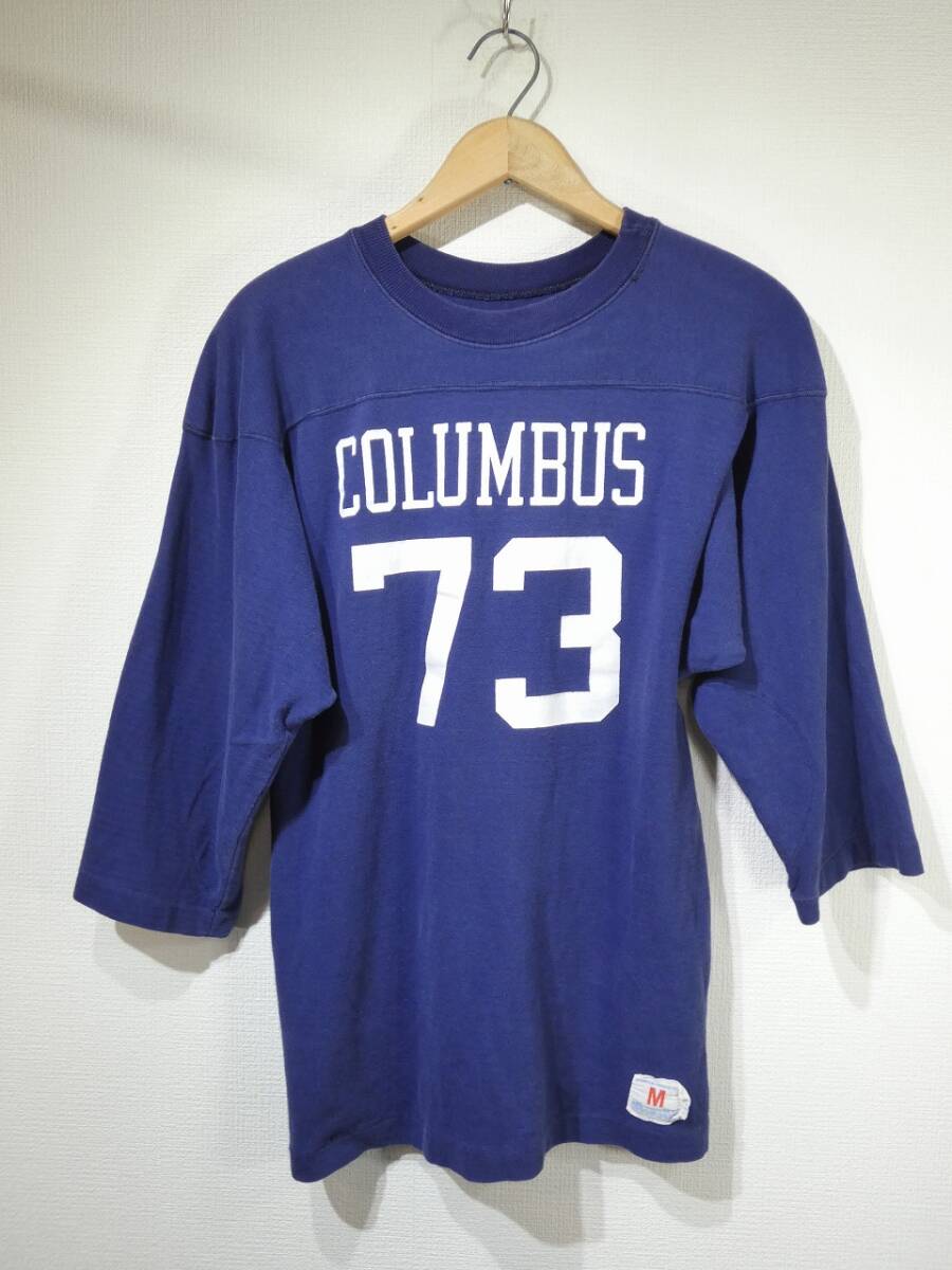 レア 70s ビンテージ Champion チャンピオン ネイビー ナス紺 ツートン? 両面 ナンバリング フットボール Tシャツ M 60s 単色 バータグ拍卖