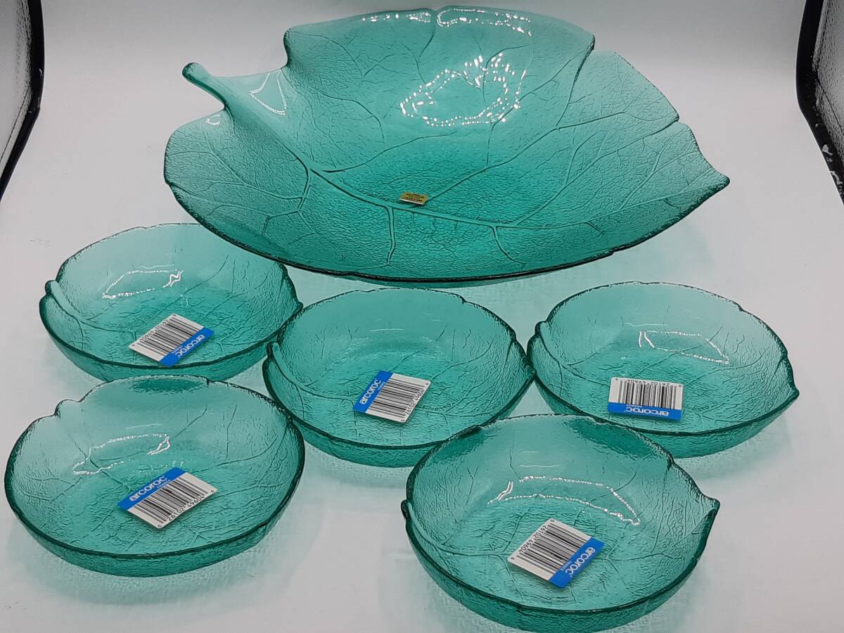 【管C】arcoroc アルコロック アスペンリーフ ガラスボウル 大皿・小皿6枚セット 拍卖