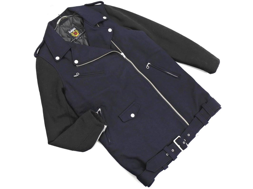 SCHOTT ショット ナノ ユニバース メルトン ライダース ジャケット sizeM/濃紺x黒 ◇■◎ ☆ fja3 メンズ拍卖