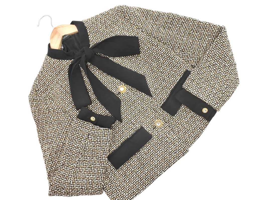 ZARA ザラ リボン ノーカラー ジャケット sizeXS/ベージュx黒 ◇■ ☆ fja7 レディース拍卖