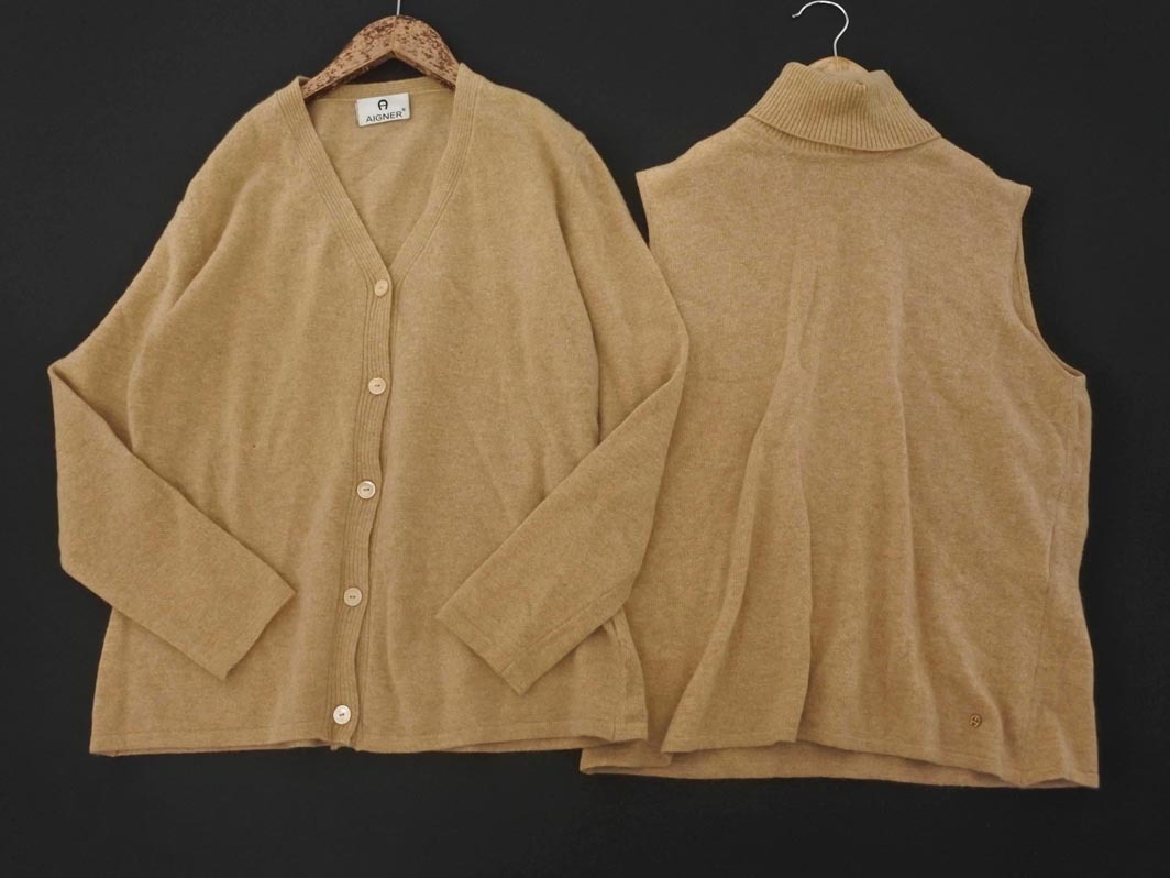 AIGNER アイグナー カシミヤ混 ノースリーブタートルネック アンサンブル カーディガン size44/ベージュ ◇■ ☆ fja7 レディース拍卖