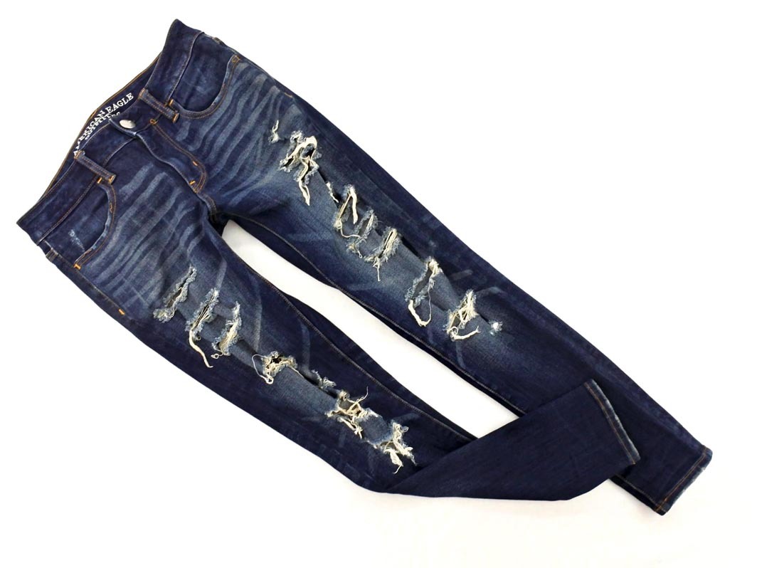 AMERICAN EAGLE アメリカンイーグル ダメージ加工 ストレッチ スキニー デニムパンツ size34/紺 ■■ ☆ fjb0 レディース拍卖
