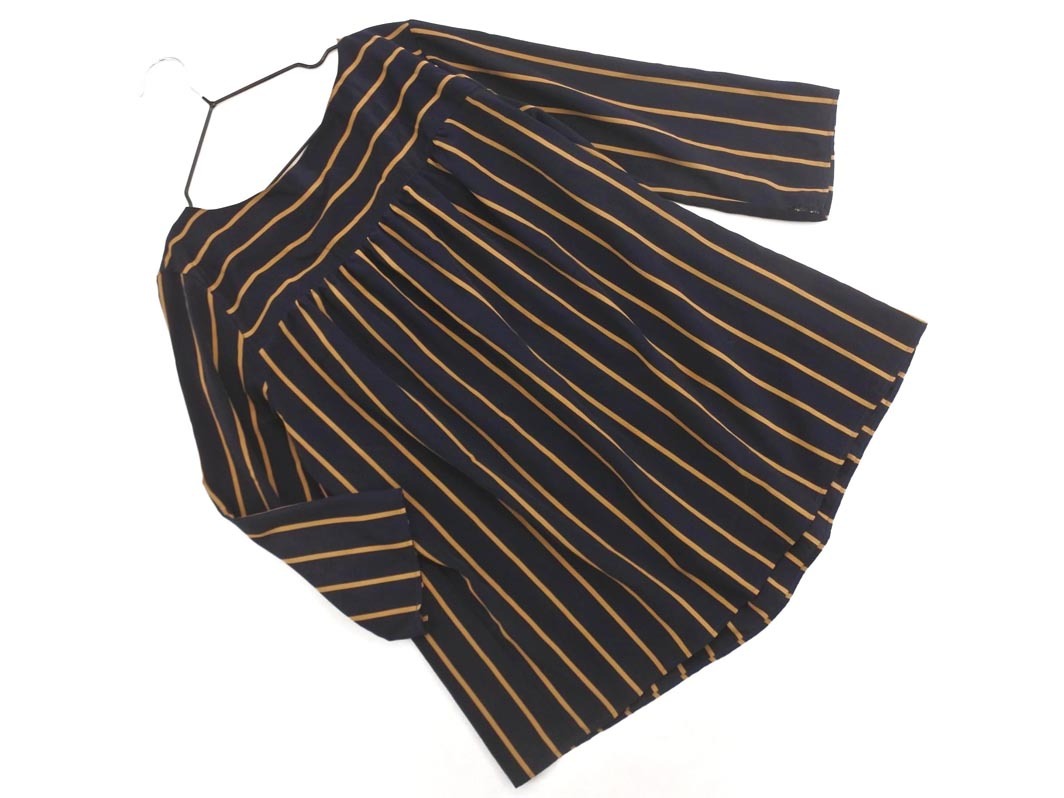 ネコポスOK SHIPS シップス ストライプ ブラウス シャツ 紺x茶 ■◇ ☆ fjb4 レディース拍卖