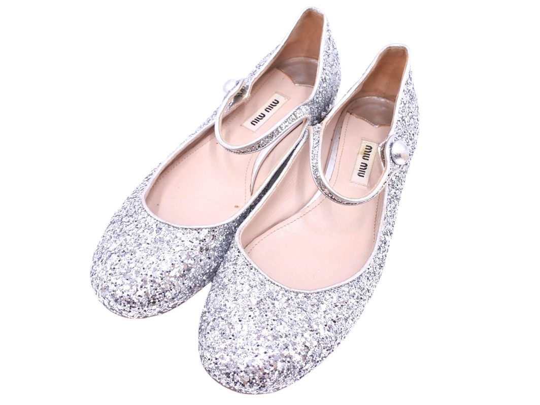 miu miu ミュウミュウ グリッター ストラップ パンプス size37(23.5cm位)/シルバー ■■ ☆ fjc1 女の子拍卖