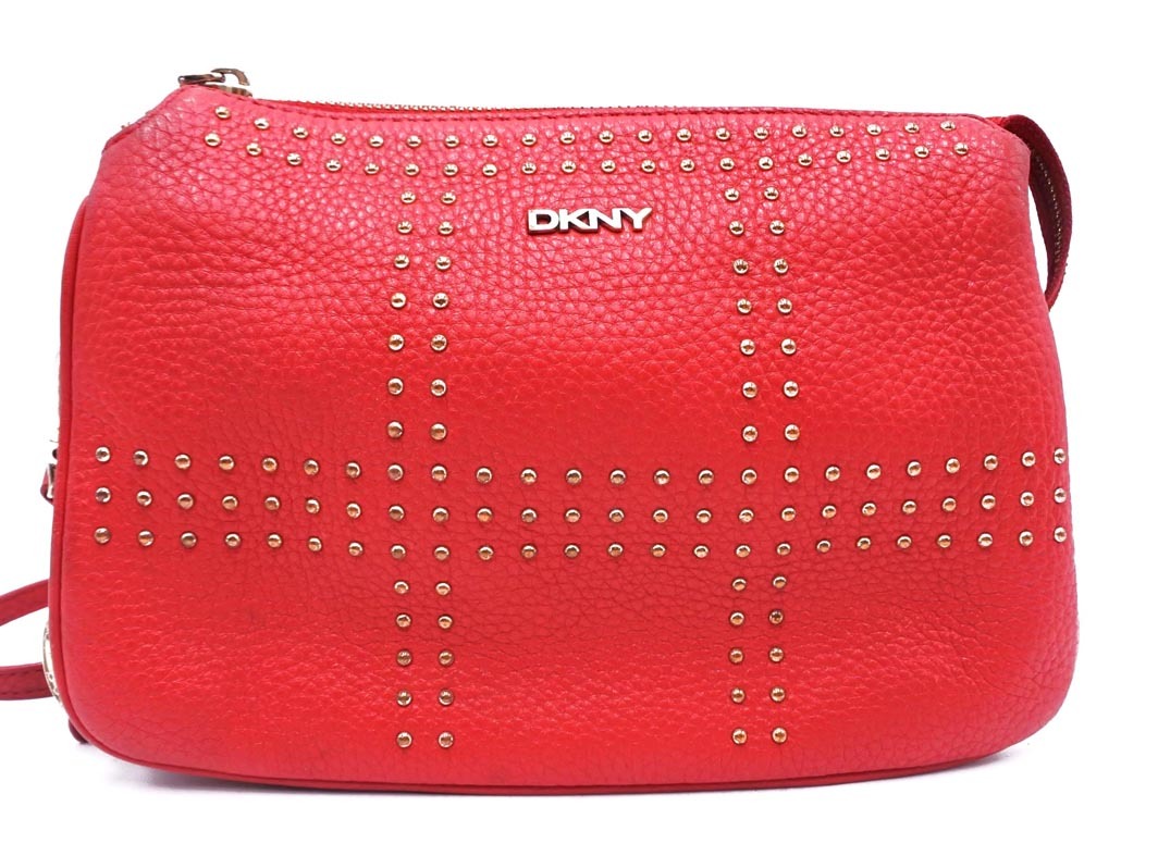 DKNY ダナキャランニューヨーク 本革 レザー スタッズ ショルダー バッグ 赤 ■■ ☆ fjc3 レディース拍卖