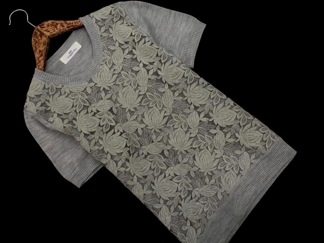 ネコポスOK Viaggio Blu ビアッジョブルー ウール混 花柄 刺繍 半袖 ニット セーター size2/グレー ◇■ ☆ fjc9 レディース拍卖