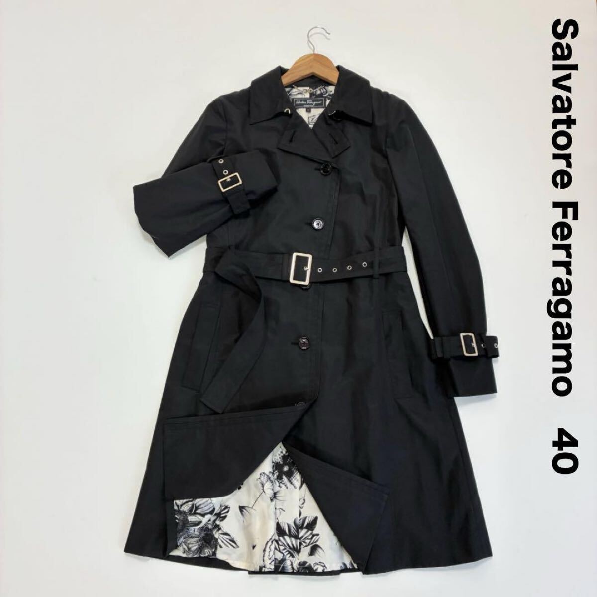 サルヴァトーレフェラガモ☆トレンチコート 40 ブラック シルク裏地 花柄 黒拍卖