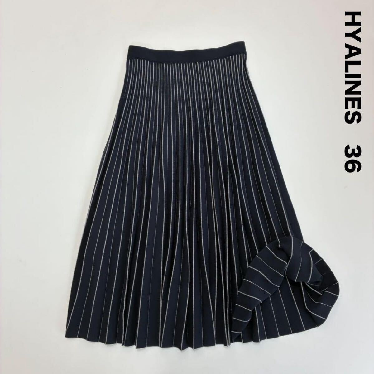 HYALINES ハイアリン ストラスブルゴ☆ニット配色ストライプスカート 36 プリーツ ネイビー イージー ウエストゴム拍卖
