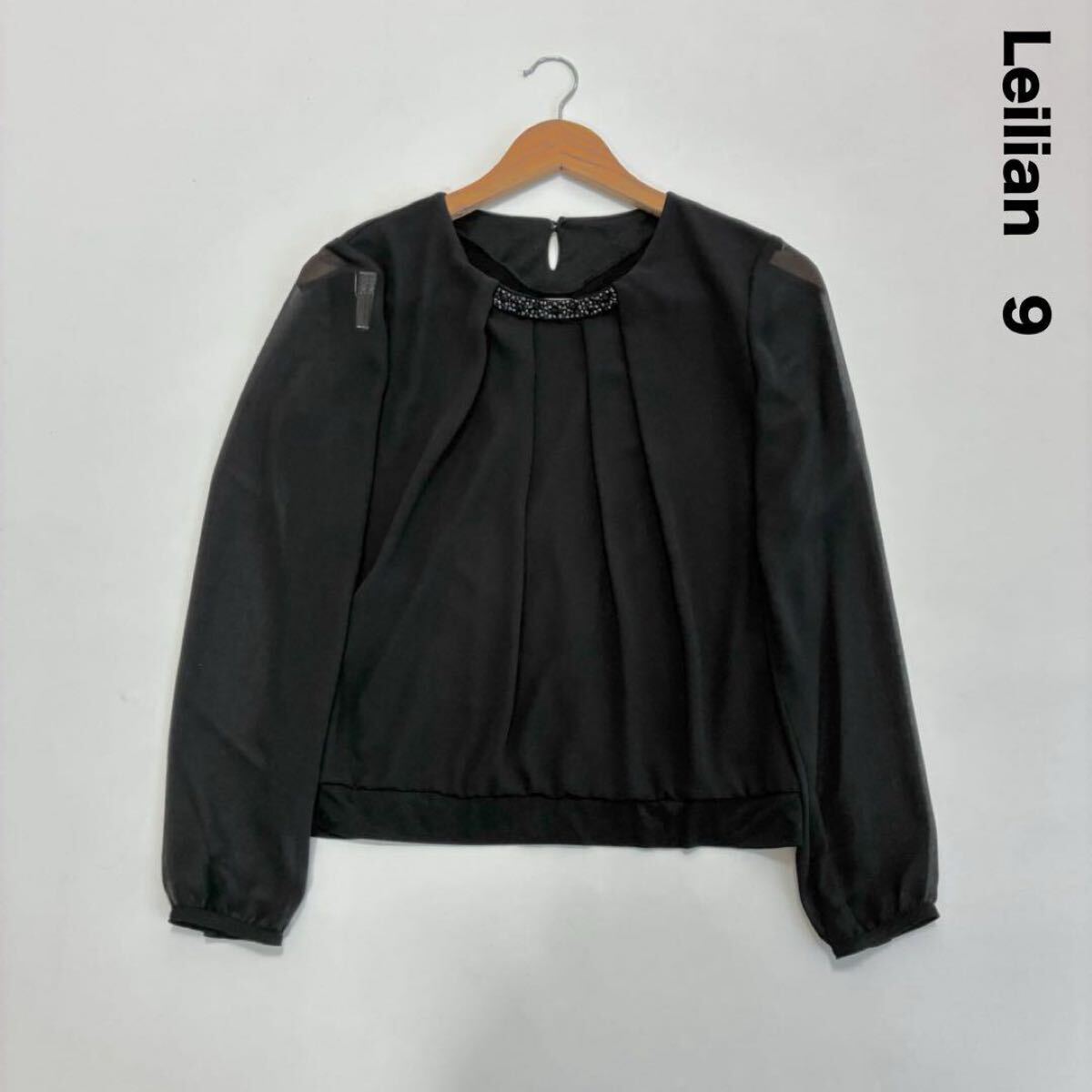 Leilian レリアン☆お袖シアー胸元ビジュータックプルオーバー 9号 黒 ブラック拍卖
