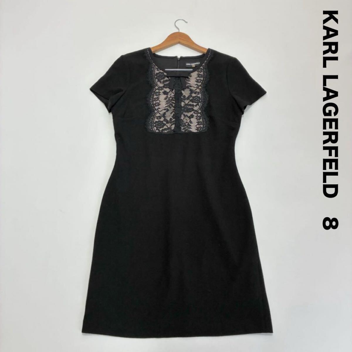 KARL LAGERFELD カールラガーフェルド☆リボン&レース半袖ワンピース 黒 ブラック L拍卖
