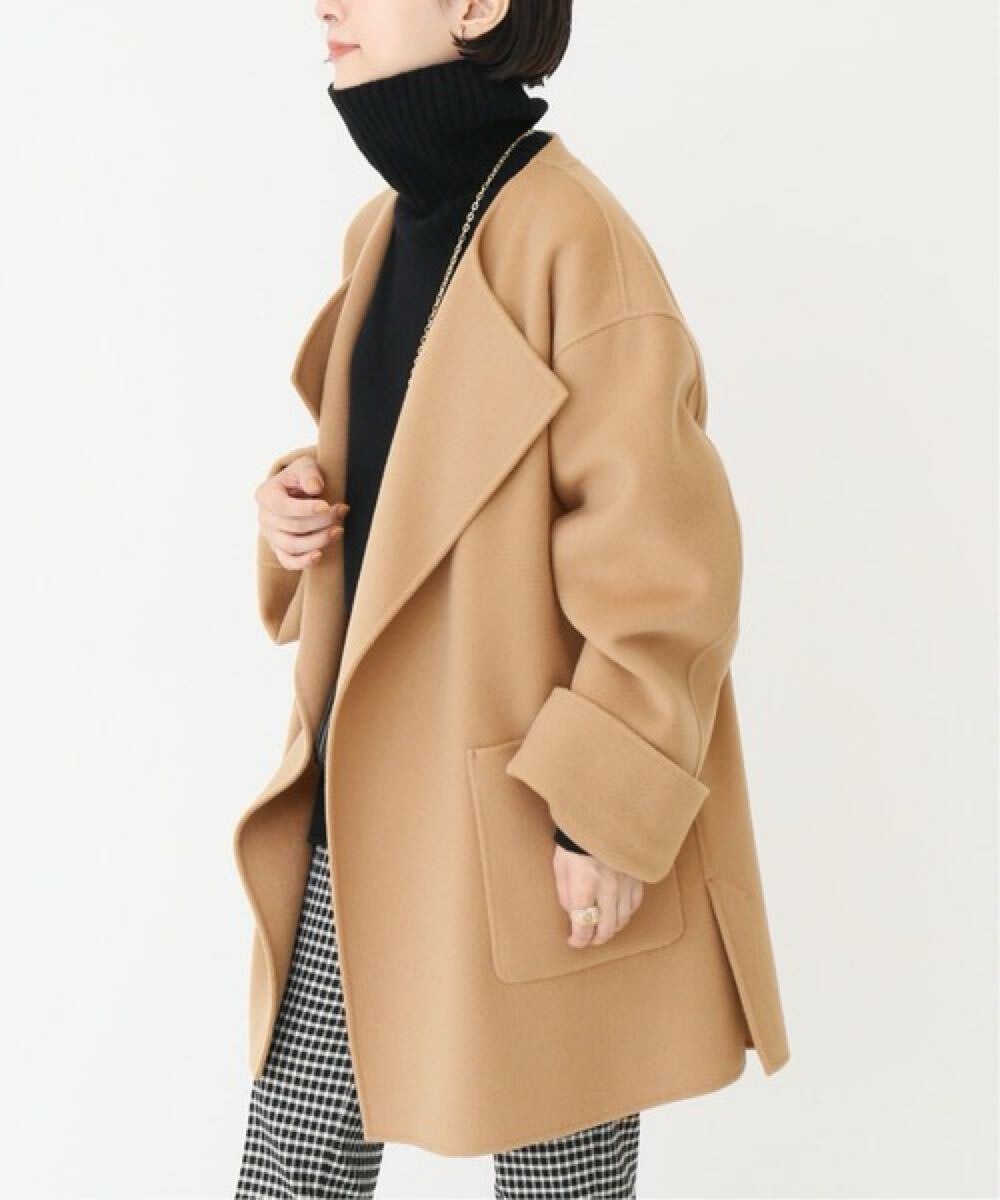 【定価46200円】Spick&Span スピック&スパン ウールノーカラーミドル丈コート ベージュ サイズ36拍卖