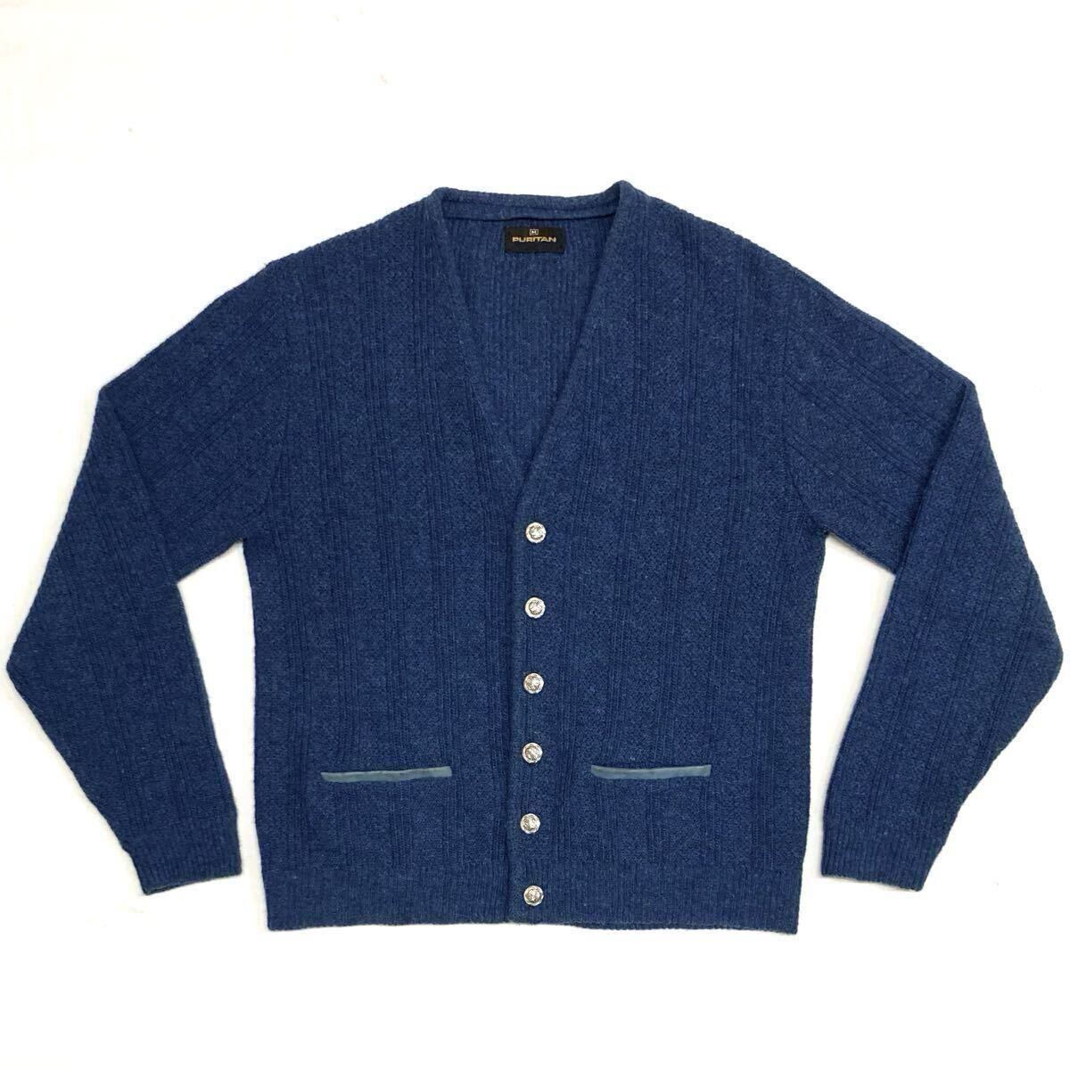 70s【PURITAN】ウール カーディガン size M ネイビーブルー USA製 メタルボタン レザートリム 洗濯済み ヴィンテージ/ピューリタン 藍色拍卖