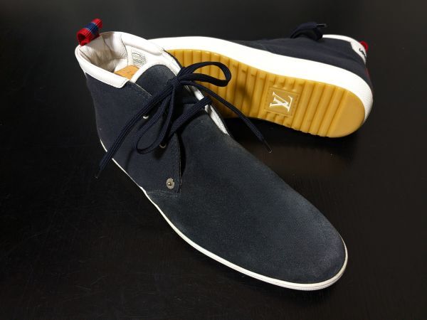 未使用 ヴィトン 6.5 LOUIS VUITTON ♯FD0191 ソフトチャッカ ハイカットコンビレザースニーカー 濃紺 920拍卖
