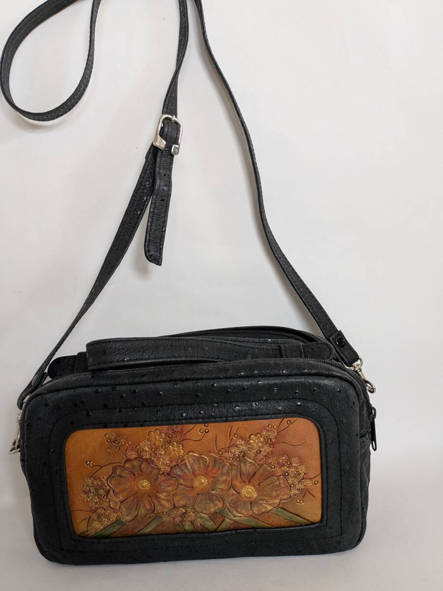 レザーバッグ オーストリッチ ショルダーバッグ ハンドメイド レザー彫刻【訳アリ】拍卖