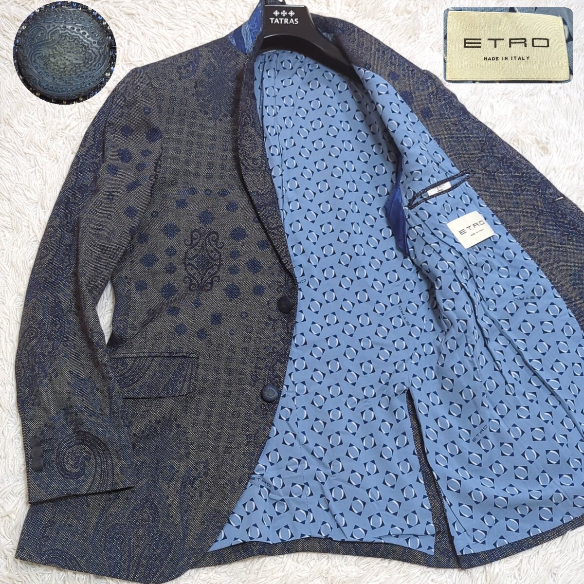 極美品 XL 両面総柄 近年 ETRO エトロ ペイズリー 幾何学模様 テーラードジャケット シルクウール デザインボタン メンズ ネイビー系 紺 50拍卖