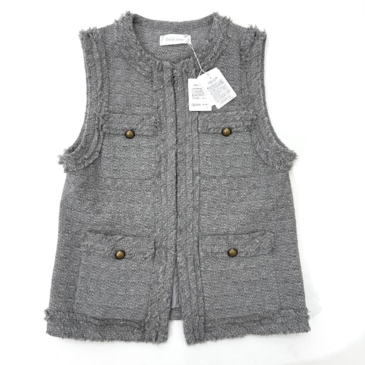 【タグ付・新品】DoCLASSE イタリアンツイード・ジレ 定価27,390円 size9 ライトグレー 31074 ドゥクラッセ拍卖