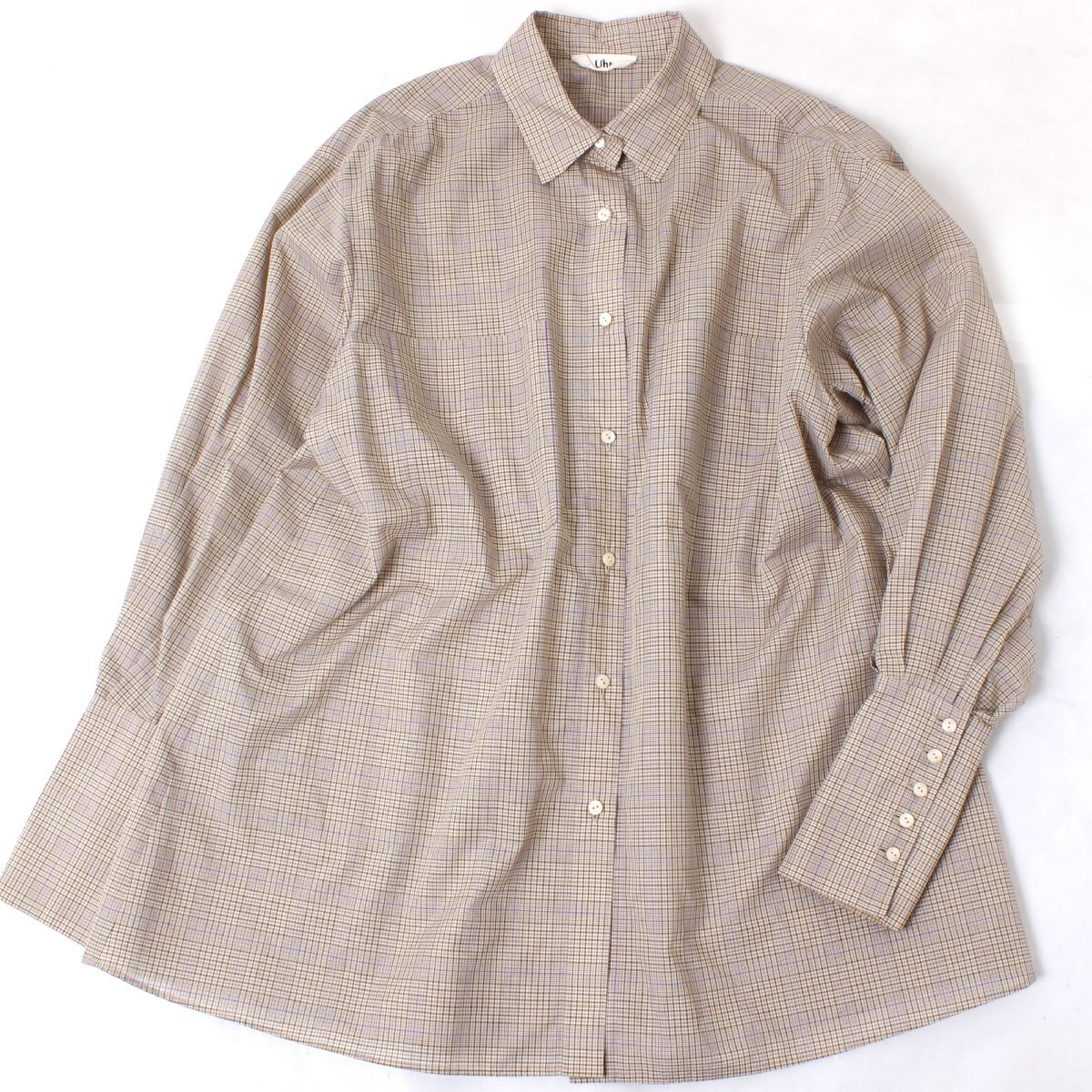 Uhr Sheer Shirt シアーチェックシャツ 定価30,800円 フリーサイズ BEIGE 21AWUhr-SH210 ウーア拍卖