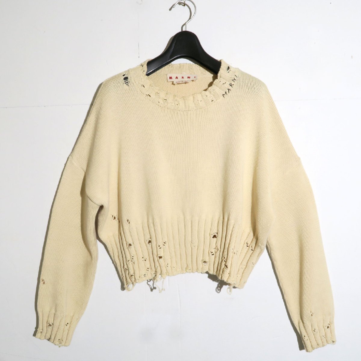 MARNI ロゴ刺繍 ダメージ加工クルーネック コットンニット size42 GCMD0276A1UFC652 ディシュベルドコットン製 クロップドジャンパー拍卖