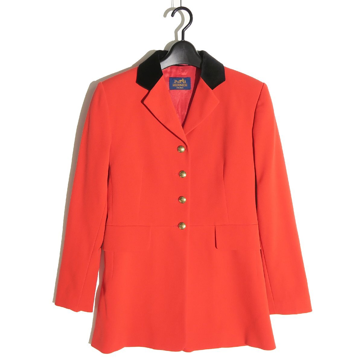 HERMES ヴィンテージ ジョッキージャケット 乗馬ジャケット size38 金ボタン セリエボタン ウール ベロア切替 シングルジャケット レッド拍卖