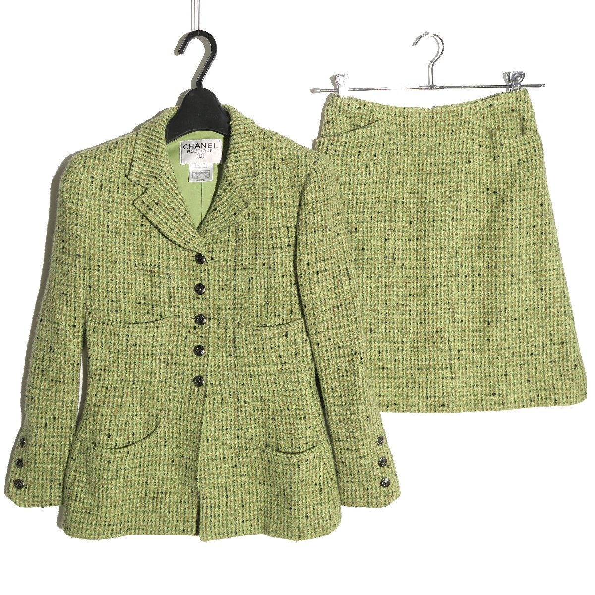 97AW CHANEL ヴィンテージ ウール ツイード ジャケット スカート スーツ P09713V05961 size38 シャネル セットアップ ココマークボタン拍卖