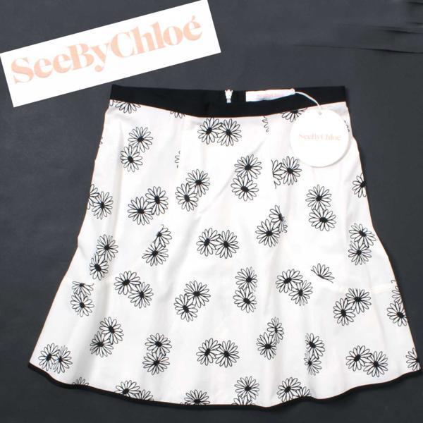 新品 定価30,240円 See By Chloe 花柄 スカート size34 ブラック ホワイト S6SJU08-S6S017 シーバイクロエ フラワー プリント 総柄拍卖