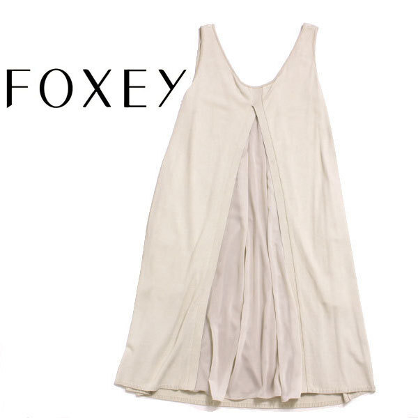 NATURAL by Foxey バックシフォン切替ストレッチワンピース size38 パンプトンベージュ ナチュラル バイ フォクシー ノースリーブ拍卖