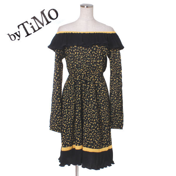 byTiMo オフショルダーワンピース flower one piece sizeXS ブラック×イエロー バイティモ オフショルダーワンピース拍卖