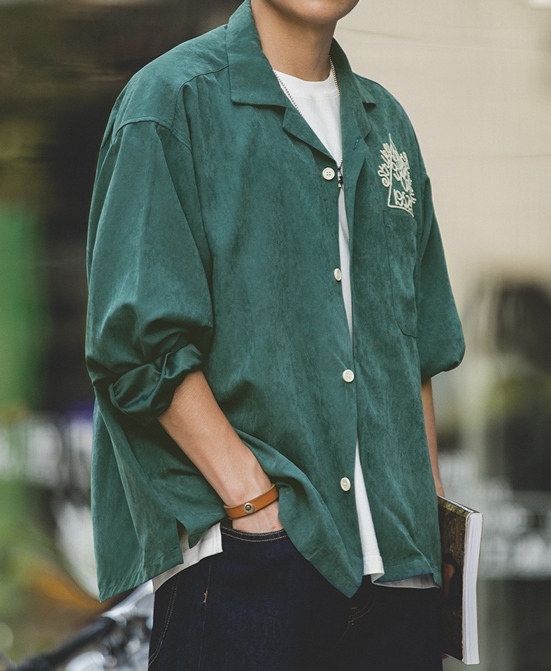新品未使用 ヴィンテージ風 チェーンステッチ 刺繍メンズ ボーリング オープンカラーシャツ 長袖 開襟 サイズ選択可S~2XL グリーン拍卖