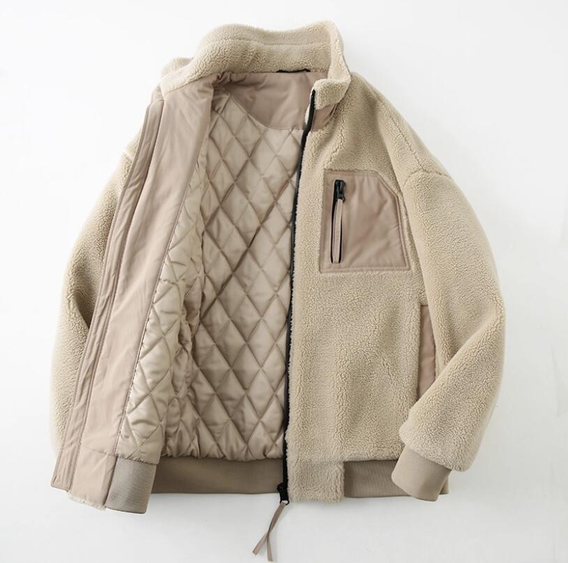 新品 欧米サイズ ボアフリース ダイヤキルティング メンズ ジャケット 防寒 厚手 冬服 スタンドカラー 中綿アウター ベージュ拍卖