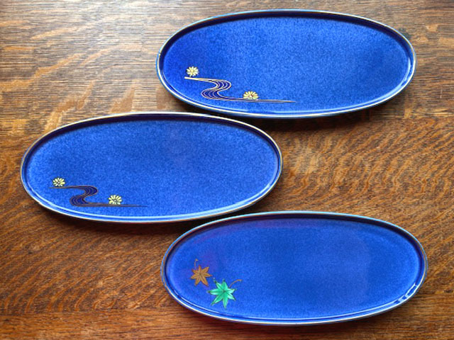 和食器●長皿3枚セット●錦右衛門窯●楕円●青地●菊と流水柄2枚と紅葉柄1枚拍卖