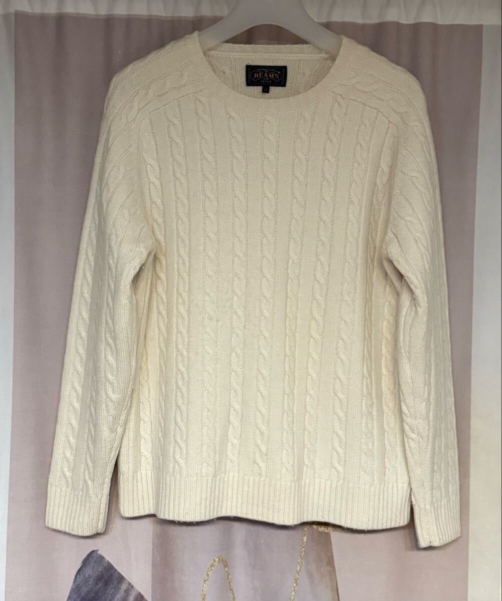 BEAMS PLUS ビームスプラス ケーブルクルーネックニット ホワイト拍卖