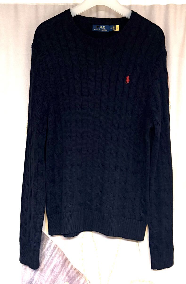 ポロラルフローレン 赤ポニー刺繍 コットン ケーブルニット ネイビー QRコード拍卖