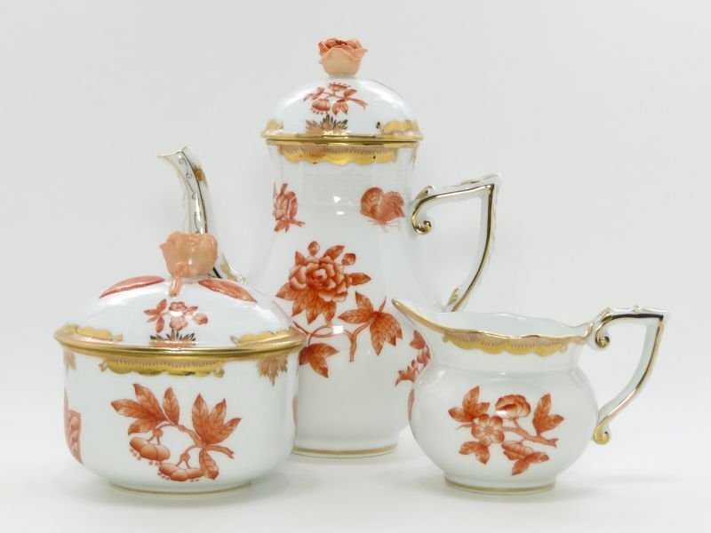ヘレンド セット■ヴィクトリアブーケ オレンジ コーヒーポット シュガーポット クリーマー 3点セット 牡丹 蝶 HEREND 1級品拍卖