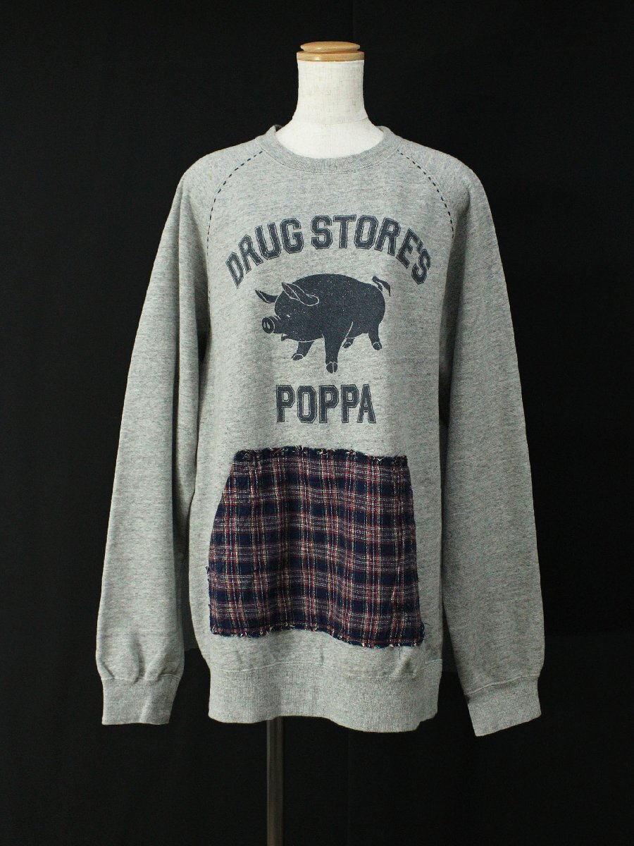 美品 POPPA/ドラッグストアーズ コットンブタさんチェック柄裏起毛長袖トレーナー 灰L rm018拍卖