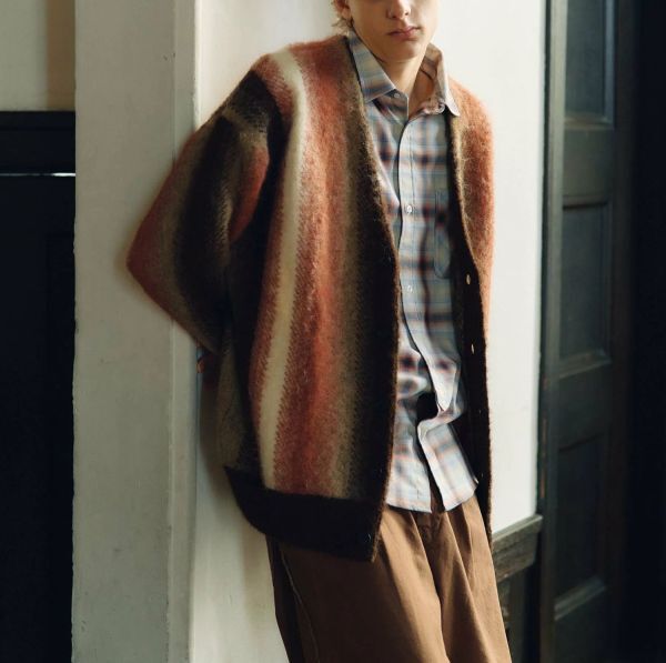 H8065 niko and... ニコアンド ストライプ柄Vネックカーディガン グラデーション 起毛 2024AW L拍卖