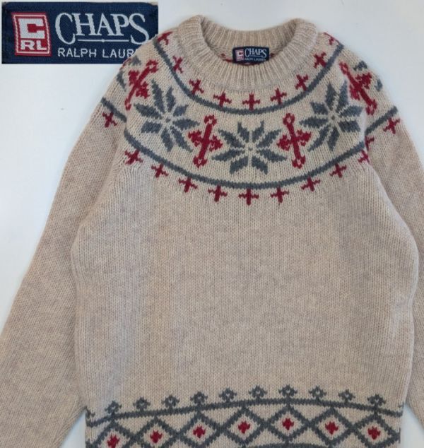 H8081 CHAPS RALPH LAUREN チャップス ラルフローレン 90s ウールニットセーター ノルディック 毛100% L拍卖