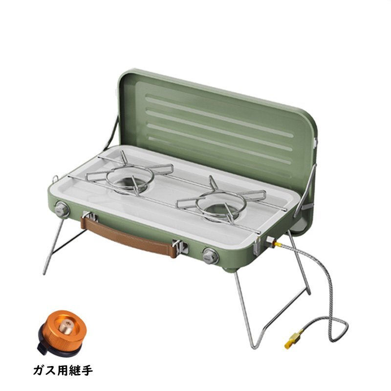 キャンプ用コンロ 風防付 ハンドル付 持ち運びに便利 ハイパワー 折り畳み式スタンド コンパクト 卓上ツーバーナー 2つの火口 圧電点火拍卖