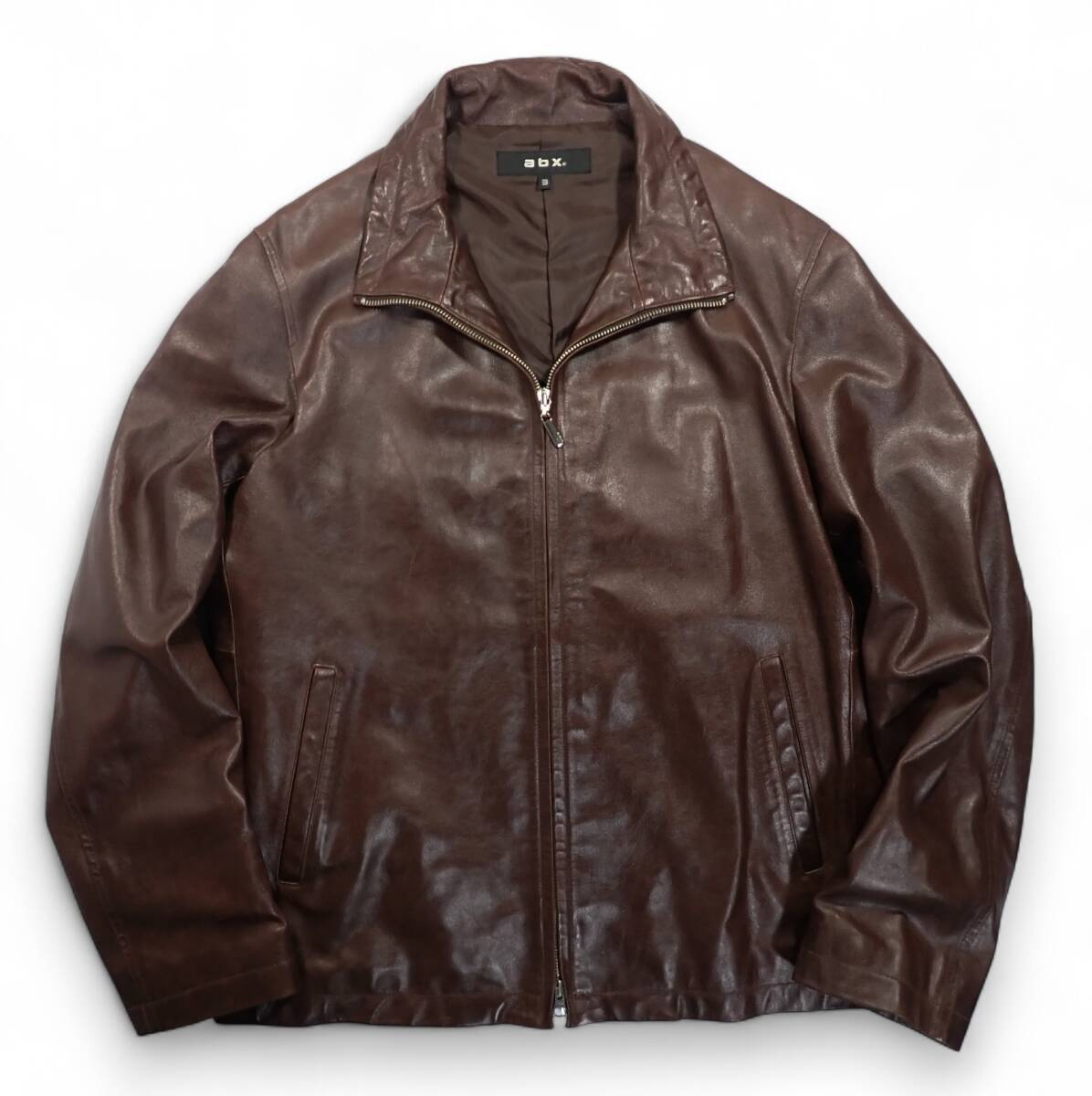 7142/良好 abx 牛革 ジャケット 3(実質L)size●ブラウンこげ茶 革ジャンダブルジップ本革ライダース エービーエックス●メンテナンス済古着拍卖