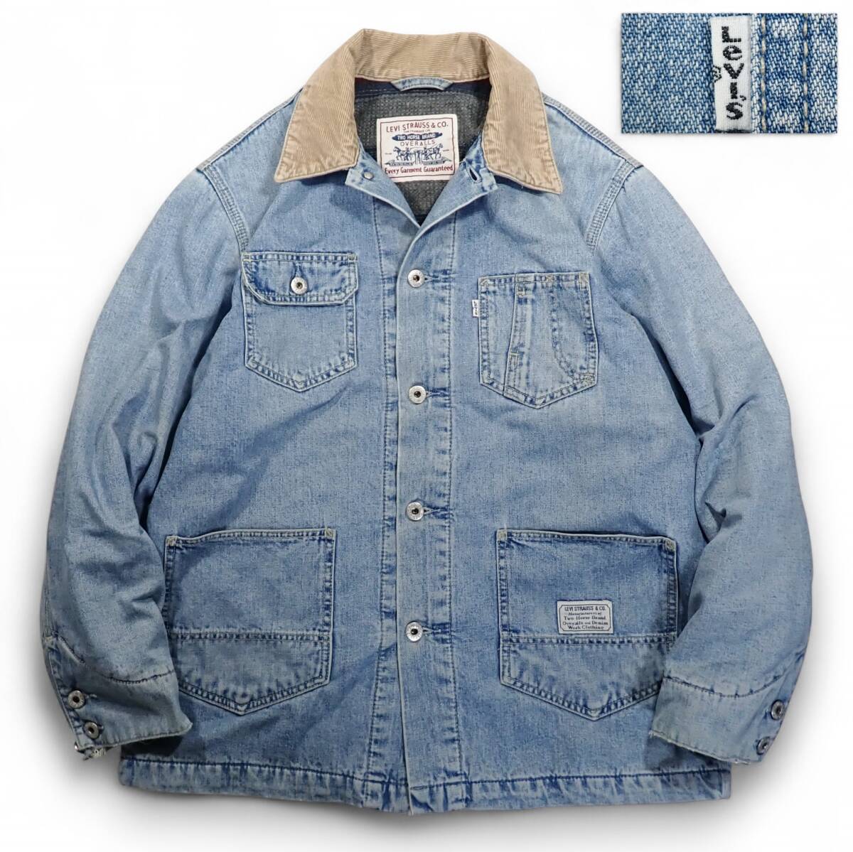 7125/Levi's 90sビンテージ デニム カバーオールジャケット●ホワイトタブ ブランケット裏 コーデュロイ襟 チョア 71665ユーロ●洗濯済古着拍卖
