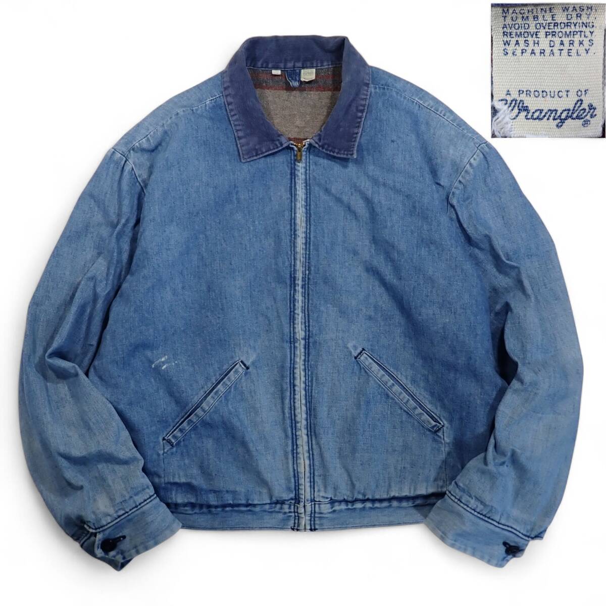 Wrangler USA製60-70s初期ビンテージデニムワークジャケット50●棒TALONジップコーデュロイ襟ブランケット裏スイングトップ/洗濯済古着7157拍卖